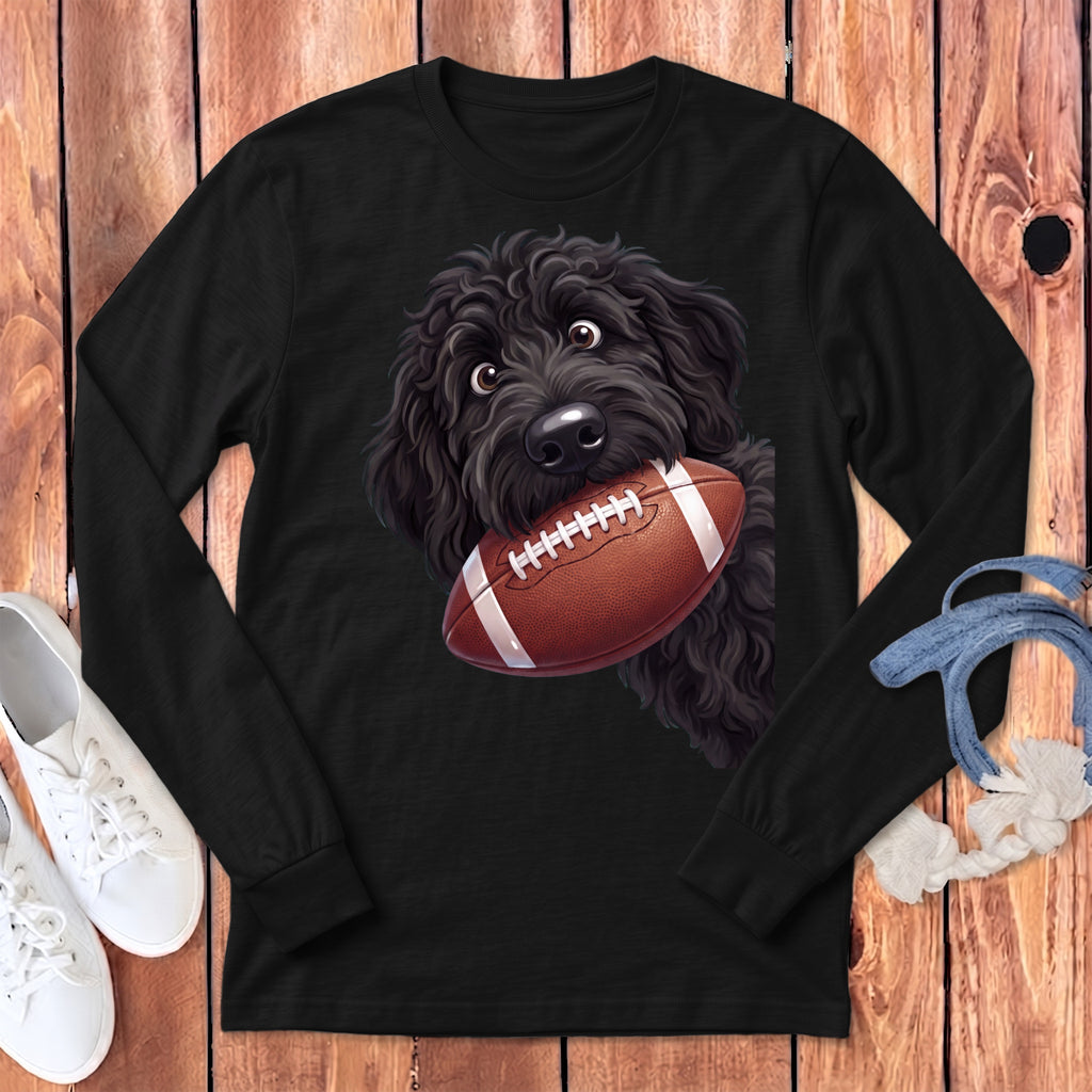 Black long-sleeve shirt with a doodle-style dog holding a football.