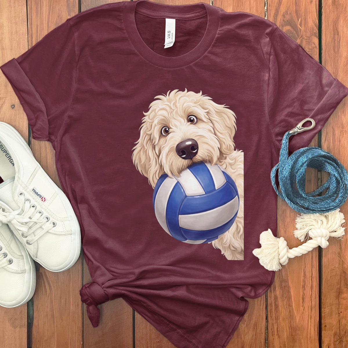 Cream Goldendoodle Volleyball T-Shirt in Maroon / S by Puppy Jo