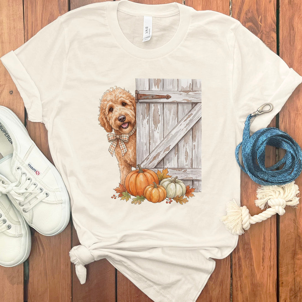 Apricot Goldendoodle Barn Peeking T-Shirt in Natural / S by Puppy Jo