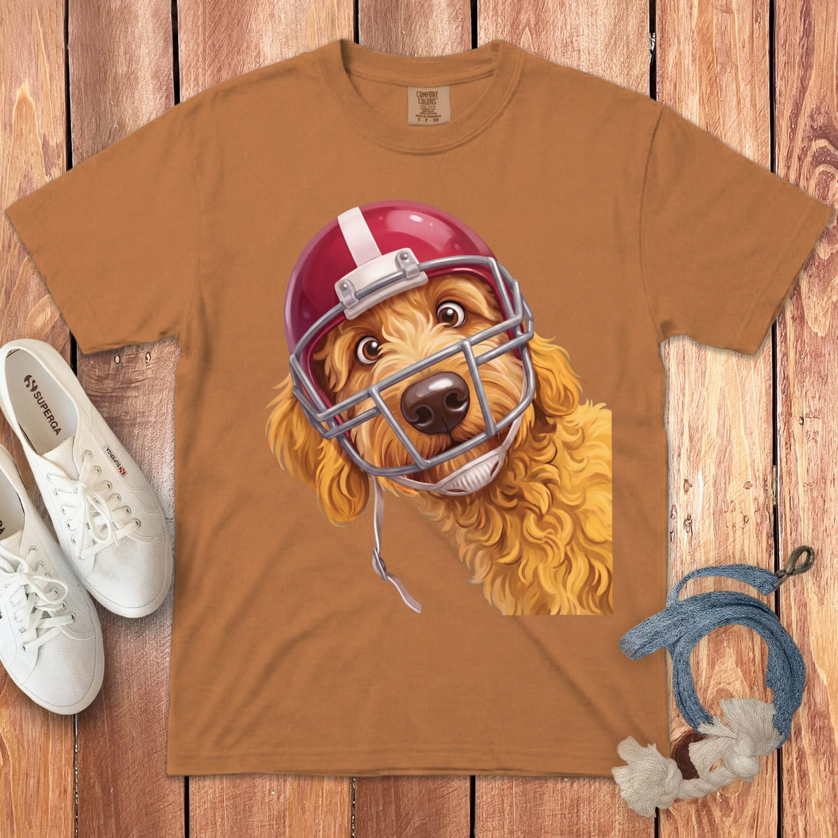 Golden Goldendoodle Football Helmet Signature T-Shirt in Yam / S by Puppy Jo