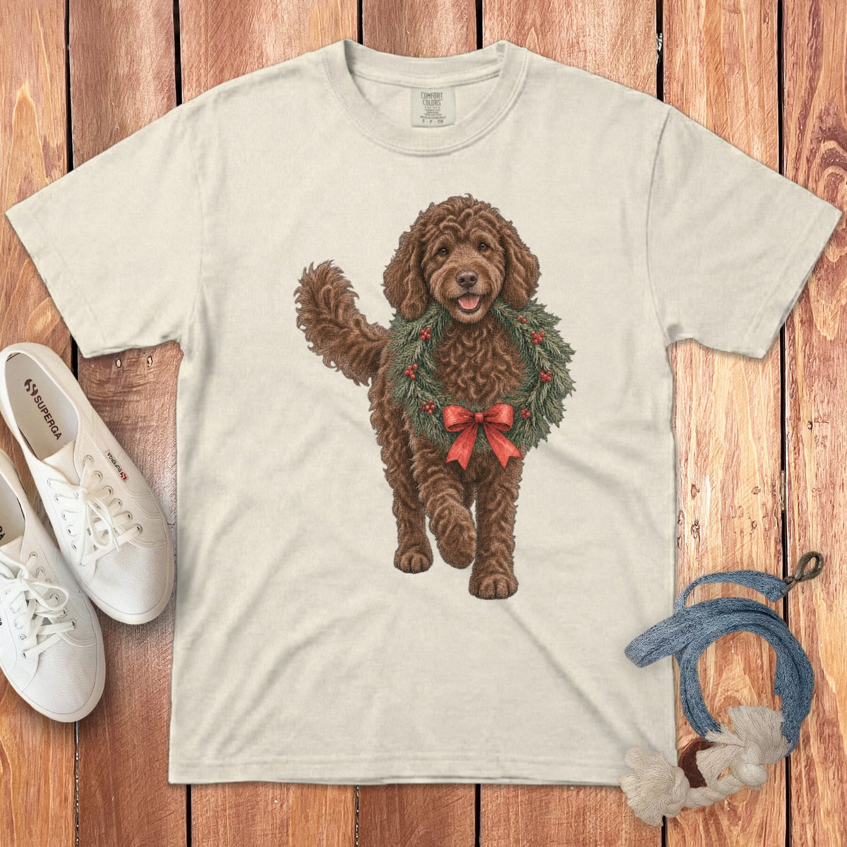 Chocolate Goldendoodle Wreath Signature T-Shirt in Ivory / S by Puppy Jo