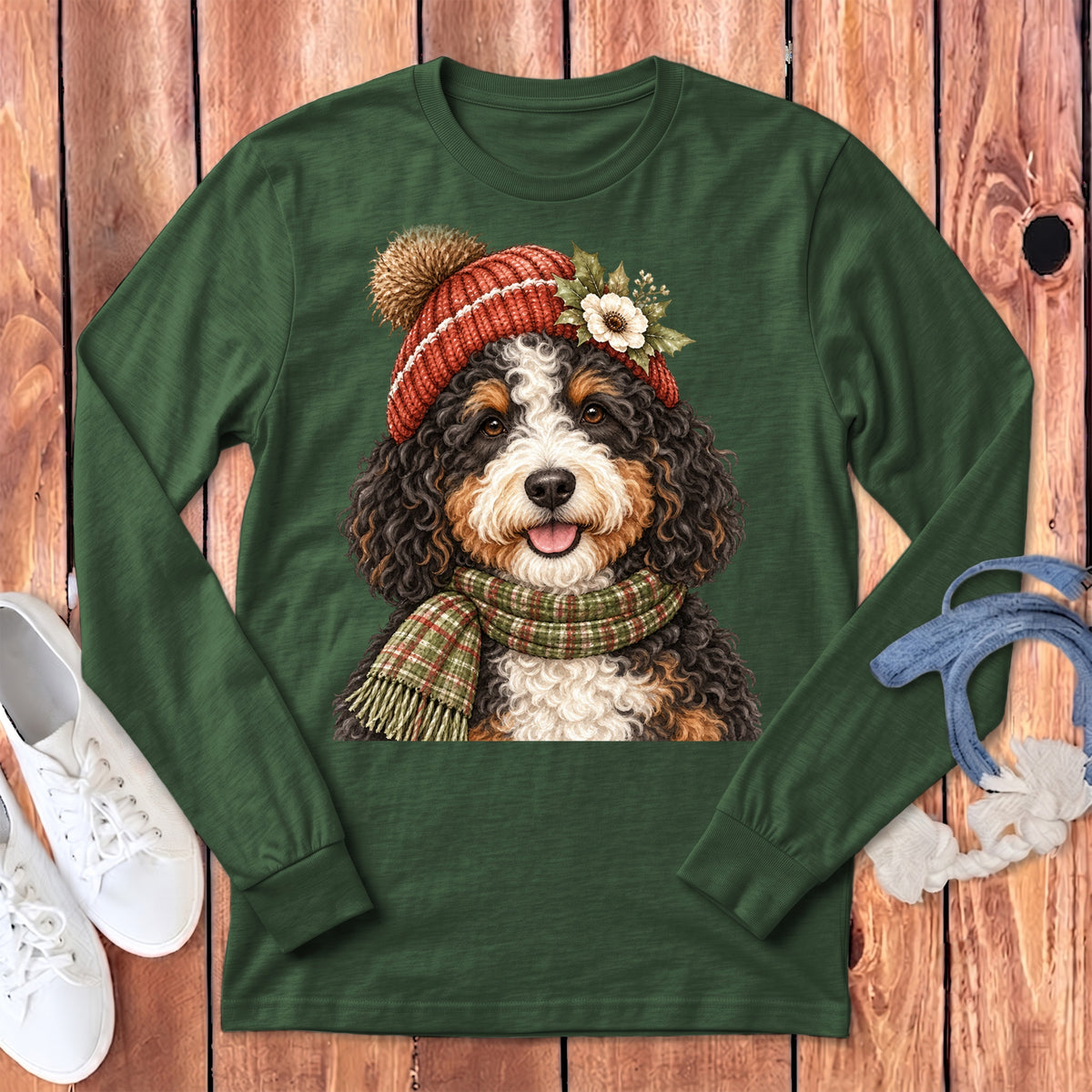 Bernese mountain dog wearing a knit hat and plaid scarf on a green long-sleeve shirt.