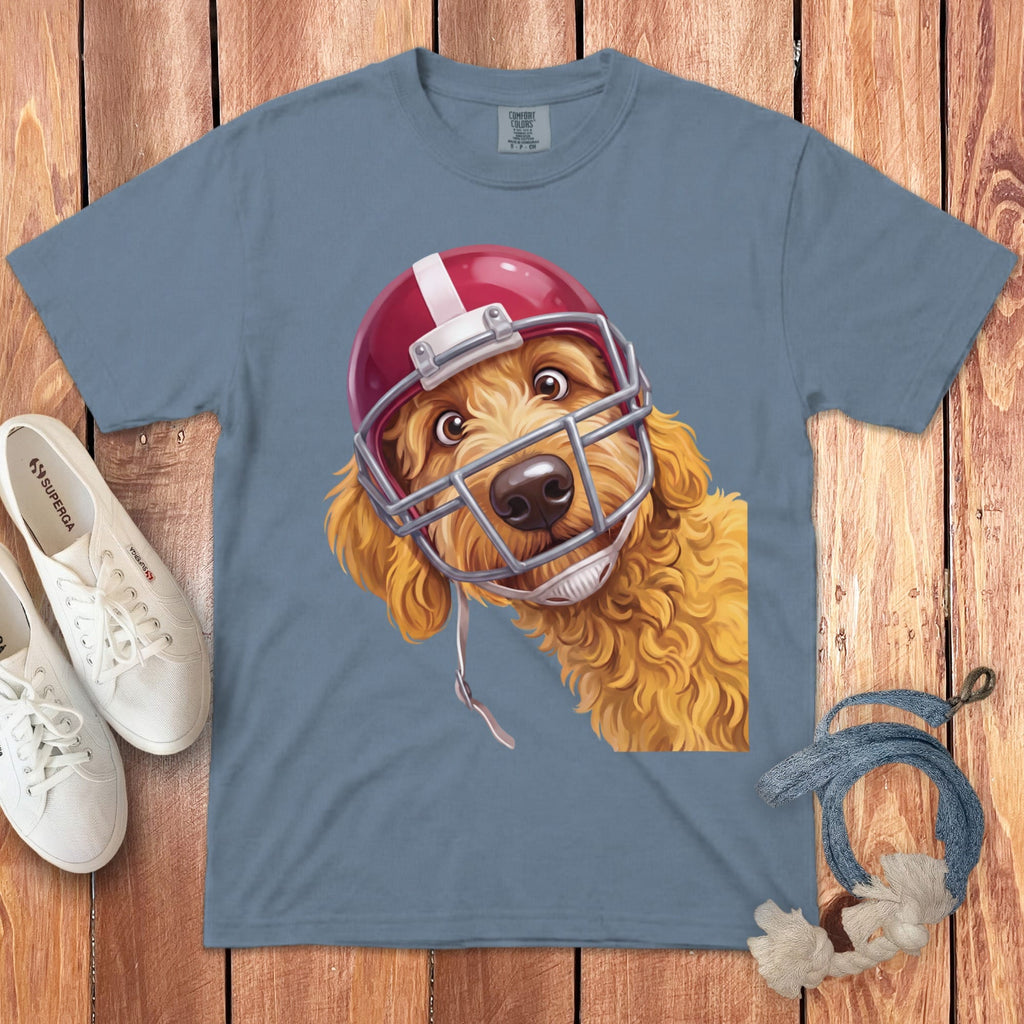 Golden Goldendoodle Football Helmet Signature T-Shirt in Blue Jean / S by Puppy Jo