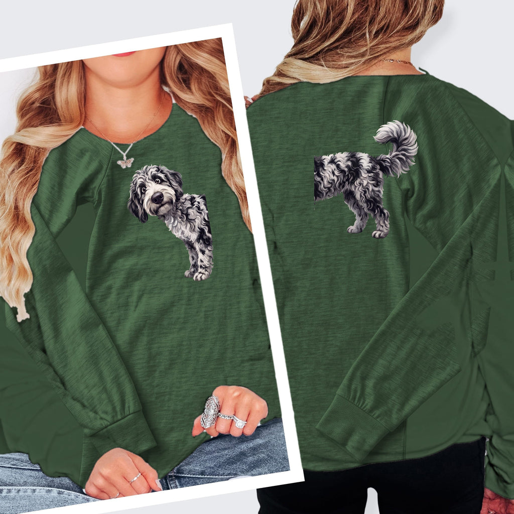 Coming & Going Merle Goldendoodle Long Sleeve T-Shirt in S / Heather Forest by Puppy Jo