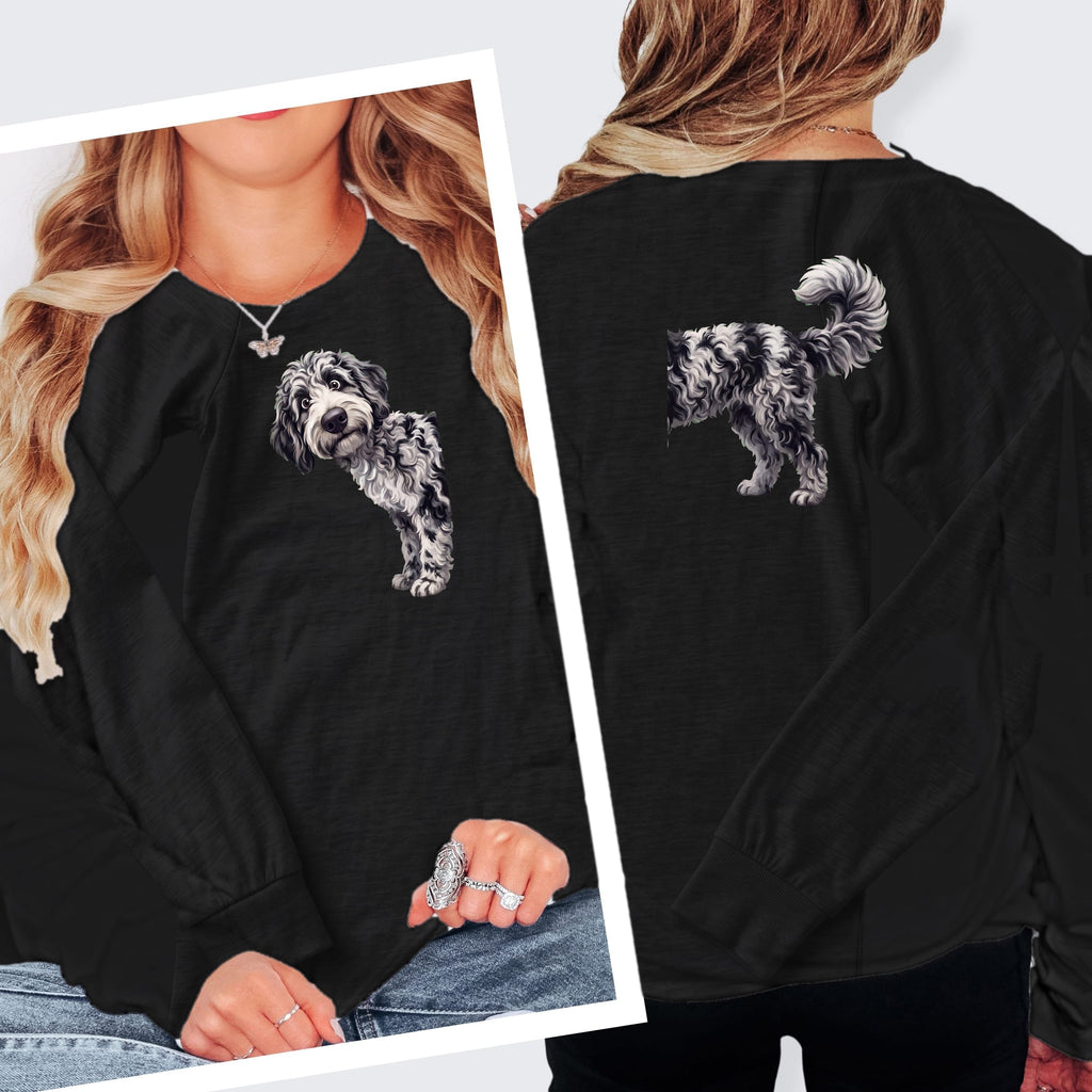 Coming & Going Merle Goldendoodle Long Sleeve T-Shirt in S / Dark Grey Heather by Puppy Jo