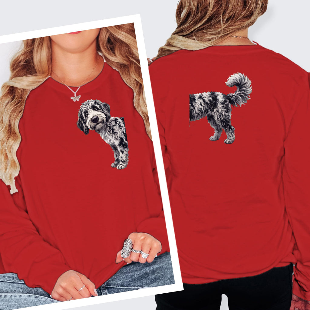 Coming & Going Merle Goldendoodle Long Sleeve T-Shirt in S / Red by Puppy Jo