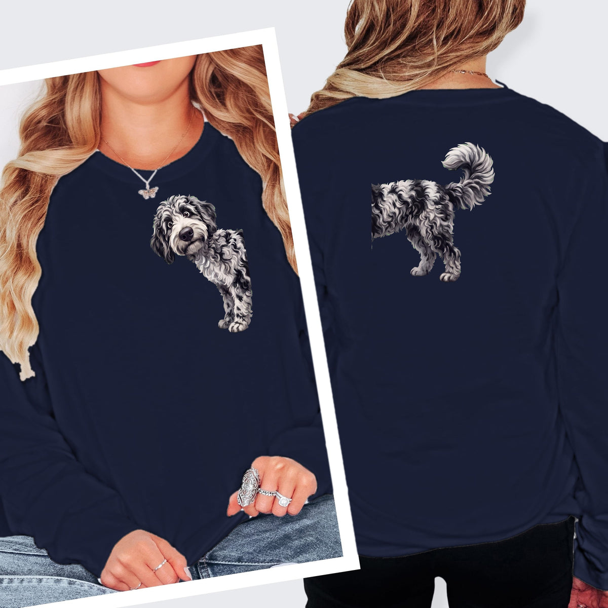 Coming & Going Merle Goldendoodle Long Sleeve T-Shirt in S / Navy by Puppy Jo