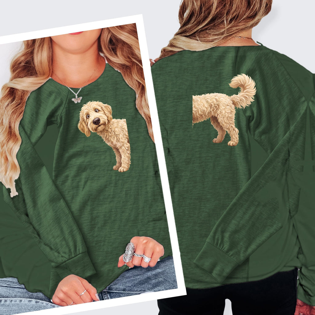 Coming & Going Cream Goldendoodle Long Sleeve T-Shirt in M / Heather Forest by Puppy Jo