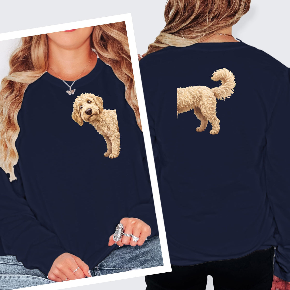 Coming & Going Cream Goldendoodle Long Sleeve T-Shirt in M / Navy by Puppy Jo