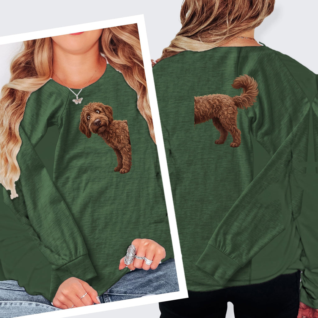 Coming & Going Chocolate Goldendoodle Long Sleeve T-Shirt in S / Heather Forest by Puppy Jo