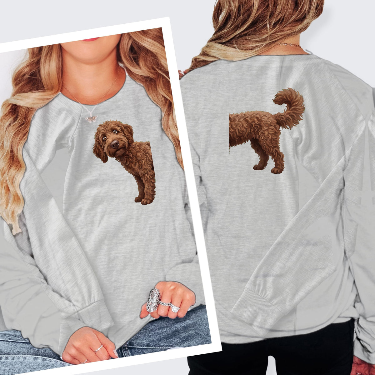 Coming & Going Chocolate Goldendoodle Long Sleeve T-Shirt in S / Athletic Heather by Puppy Jo