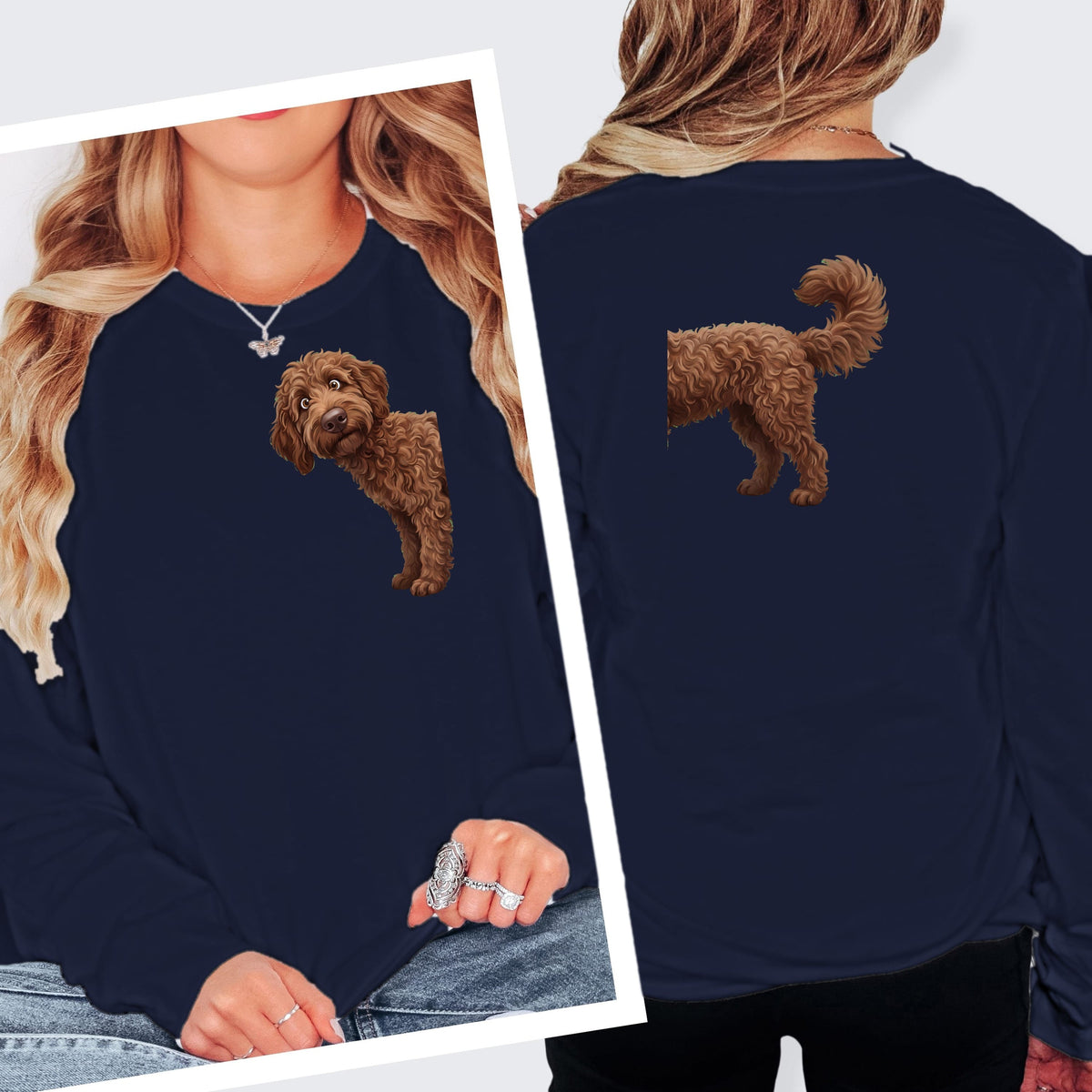 Coming & Going Chocolate Goldendoodle Long Sleeve T-Shirt in S / Navy by Puppy Jo
