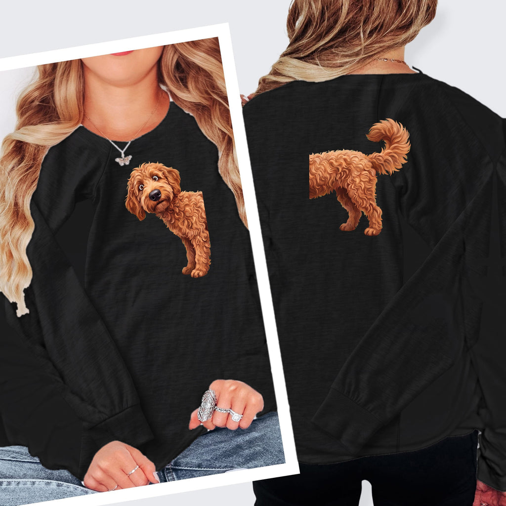 Coming & Going Apricot Goldendoodle Long Sleeve T-Shirt in S / Dark Grey Heather by Puppy Jo