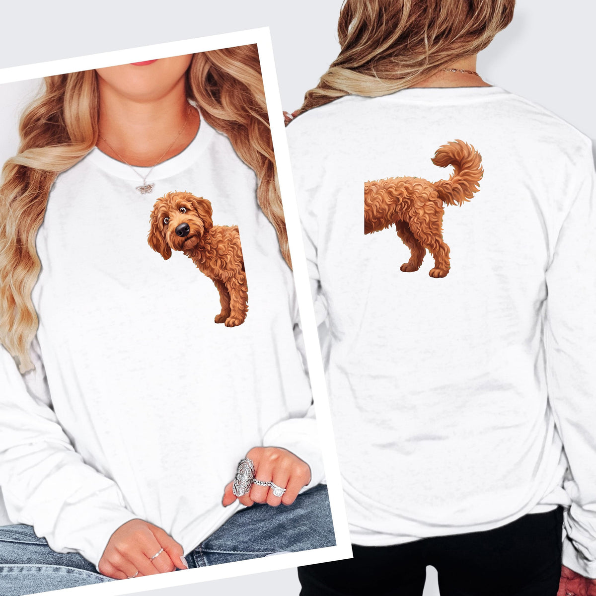 Coming & Going Apricot Goldendoodle Long Sleeve T-Shirt in S / White by Puppy Jo