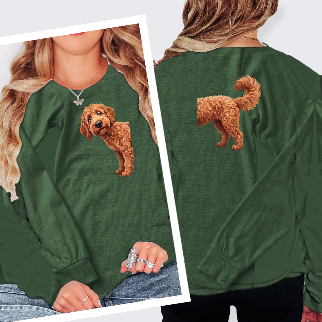 Coming & Going Apricot Goldendoodle Long Sleeve T-Shirt in S / Heather Forest by Puppy Jo