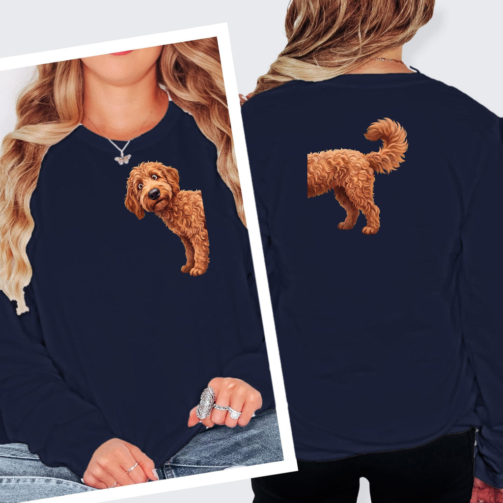 Coming & Going Apricot Goldendoodle Long Sleeve T-Shirt in S / Navy by Puppy Jo