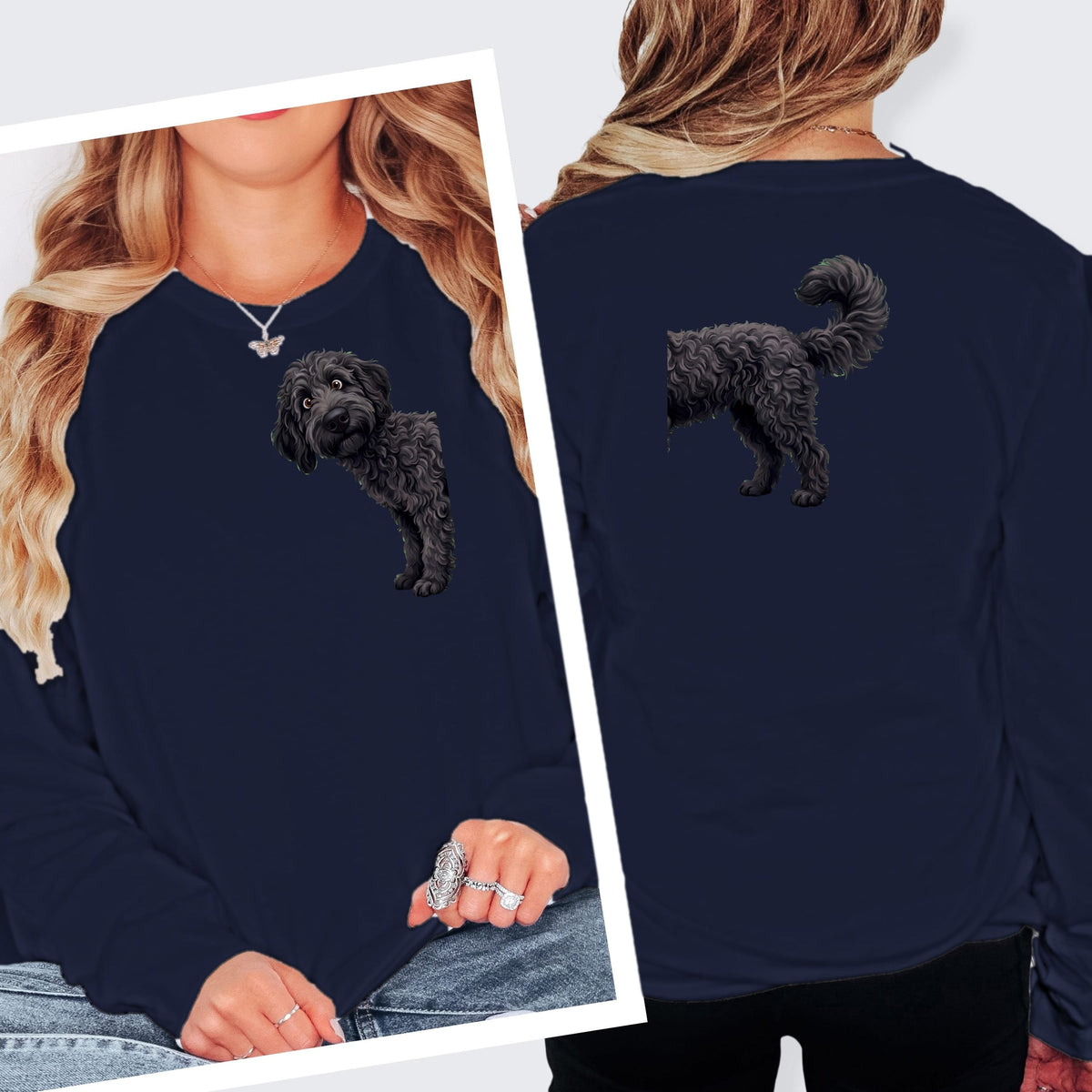 Coming & Going Black Goldendoodle Long Sleeve T-Shirt in S / Navy by Puppy Jo