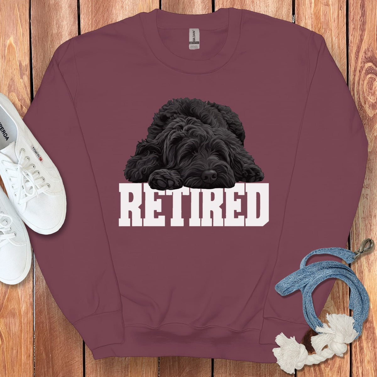 Retired Sleeping Black Goldendoodle Sweatshirt in Maroon / S by Puppy Jo