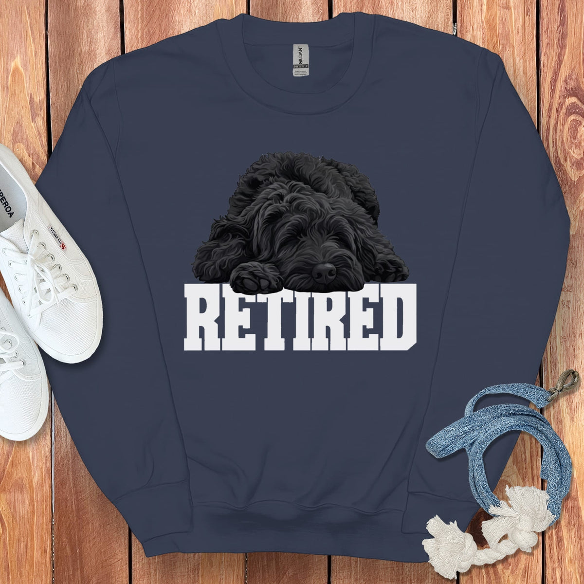 Retired Sleeping Black Goldendoodle Sweatshirt in Navy / S by Puppy Jo