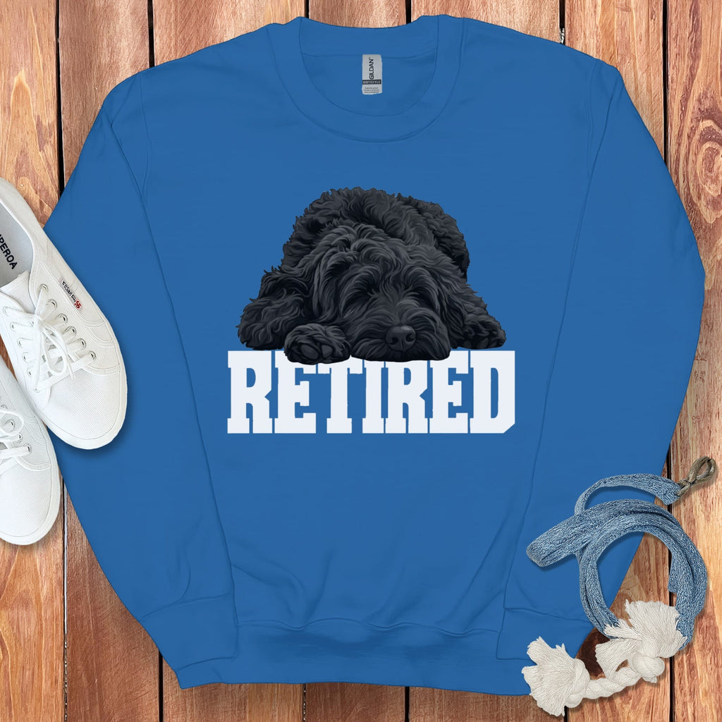 Retired Sleeping Black Goldendoodle Sweatshirt in Royal / S by Puppy Jo