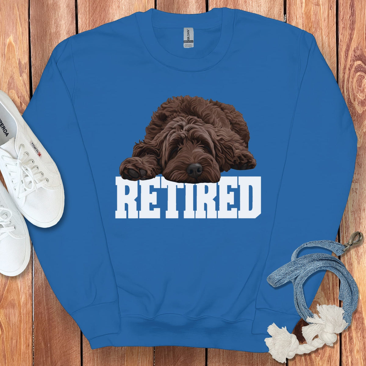Retired Sleeping Chocolate Goldendoodle Sweatshirt in Royal / S by Puppy Jo