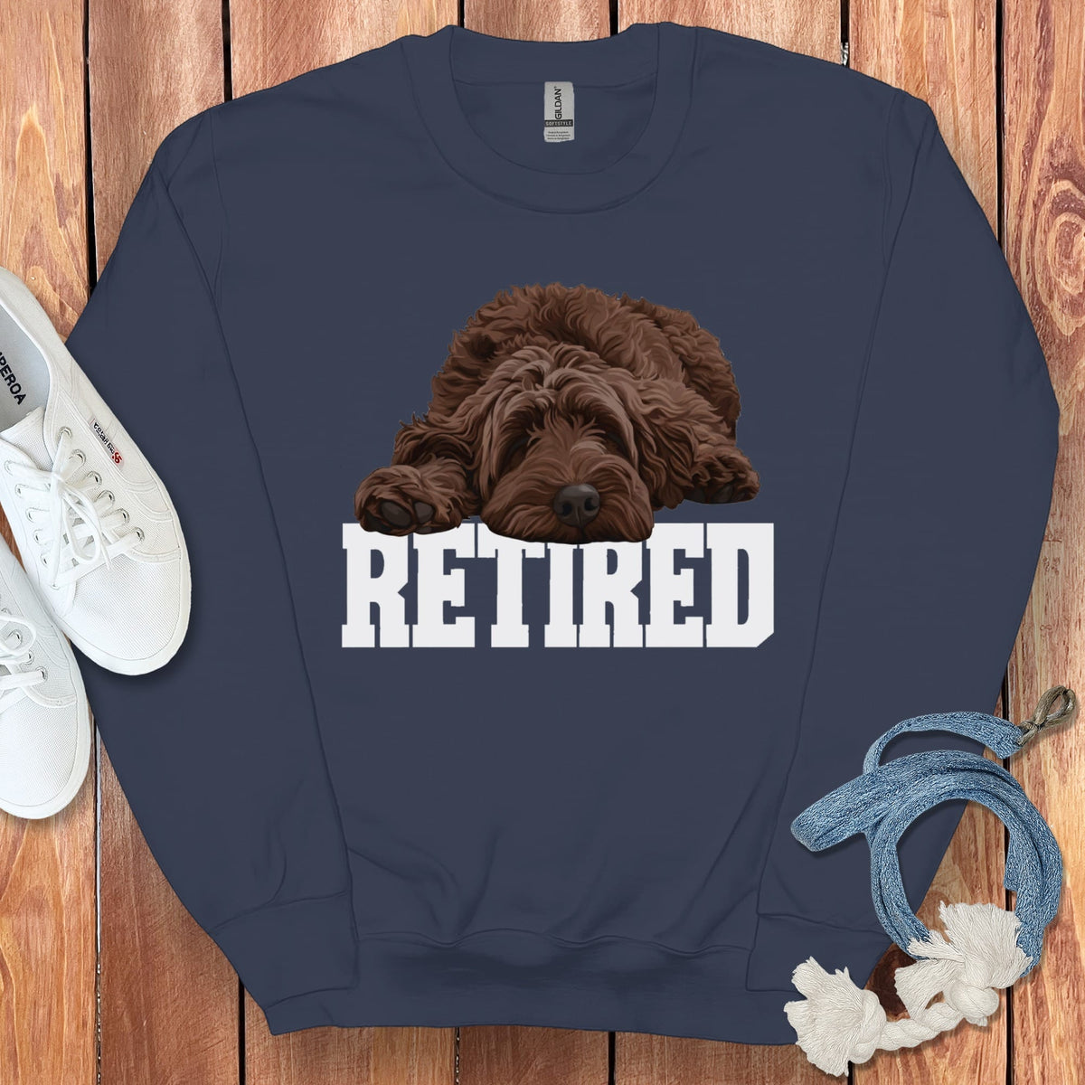 Retired Sleeping Chocolate Goldendoodle Sweatshirt in Navy / S by Puppy Jo