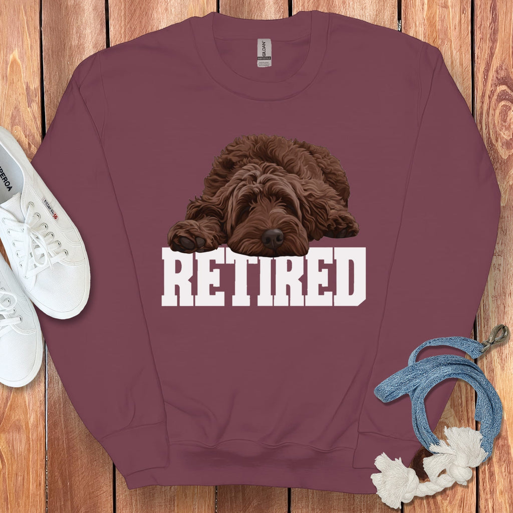 Retired Sleeping Chocolate Goldendoodle Sweatshirt in Maroon / S by Puppy Jo