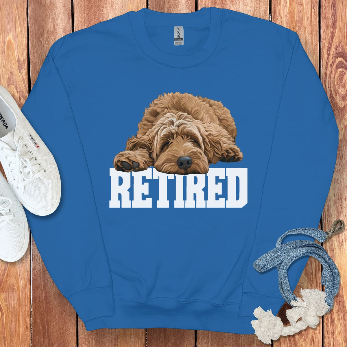 Retired Sleeping Apricot Goldendoodle Sweatshirt in Royal / S by Puppy Jo