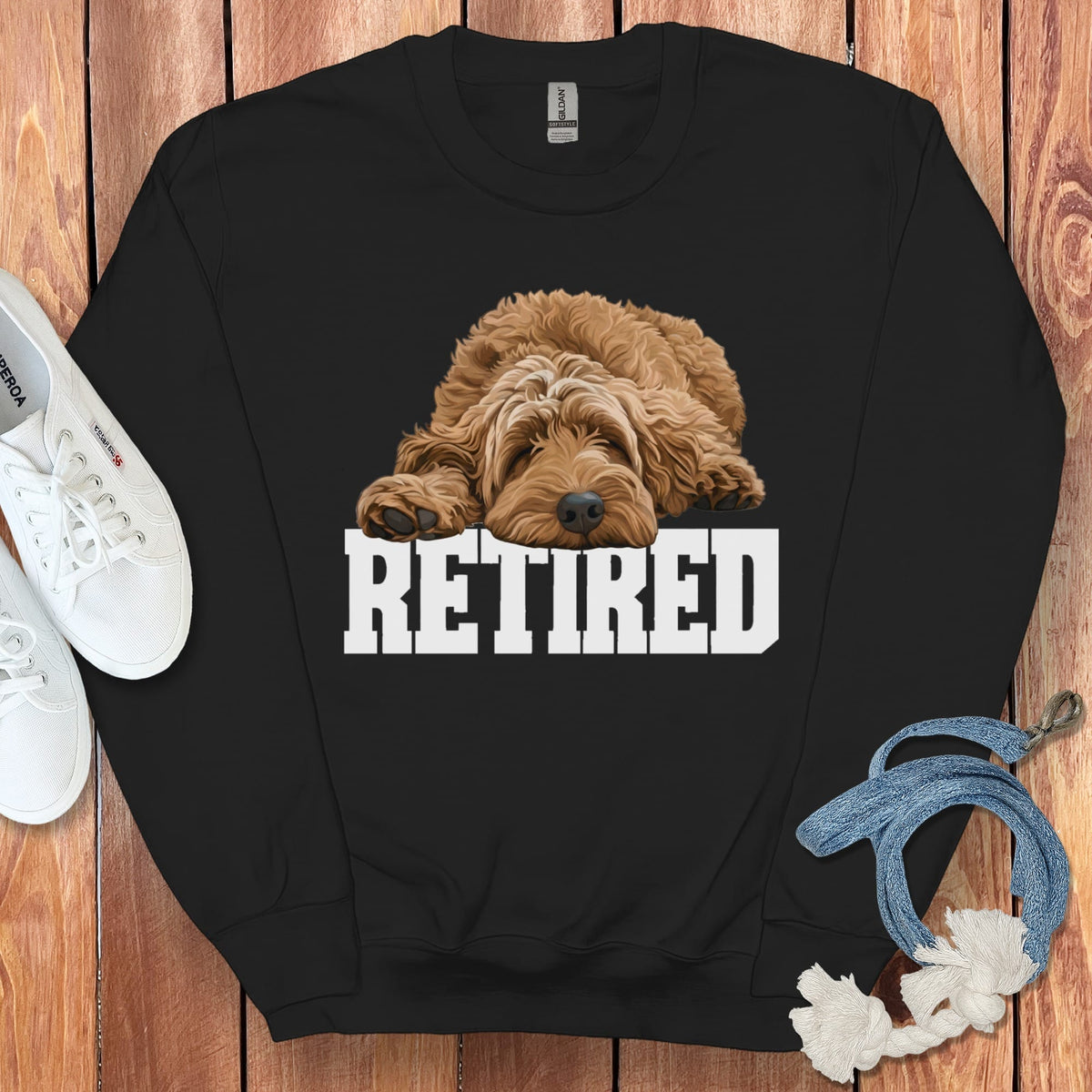 Retired Sleeping Apricot Goldendoodle Sweatshirt in Black / S by Puppy Jo