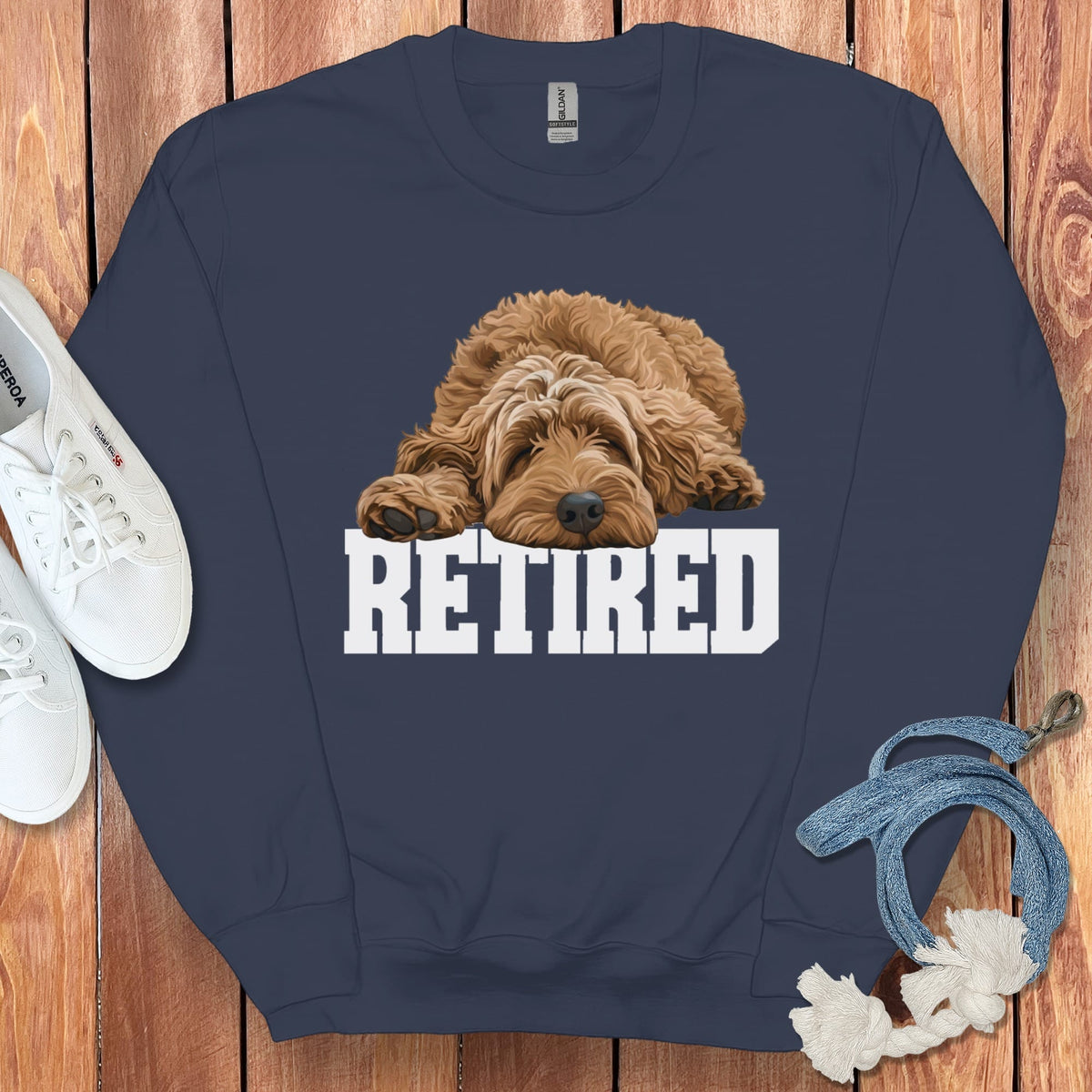 Retired Sleeping Apricot Goldendoodle Sweatshirt in Navy / S by Puppy Jo