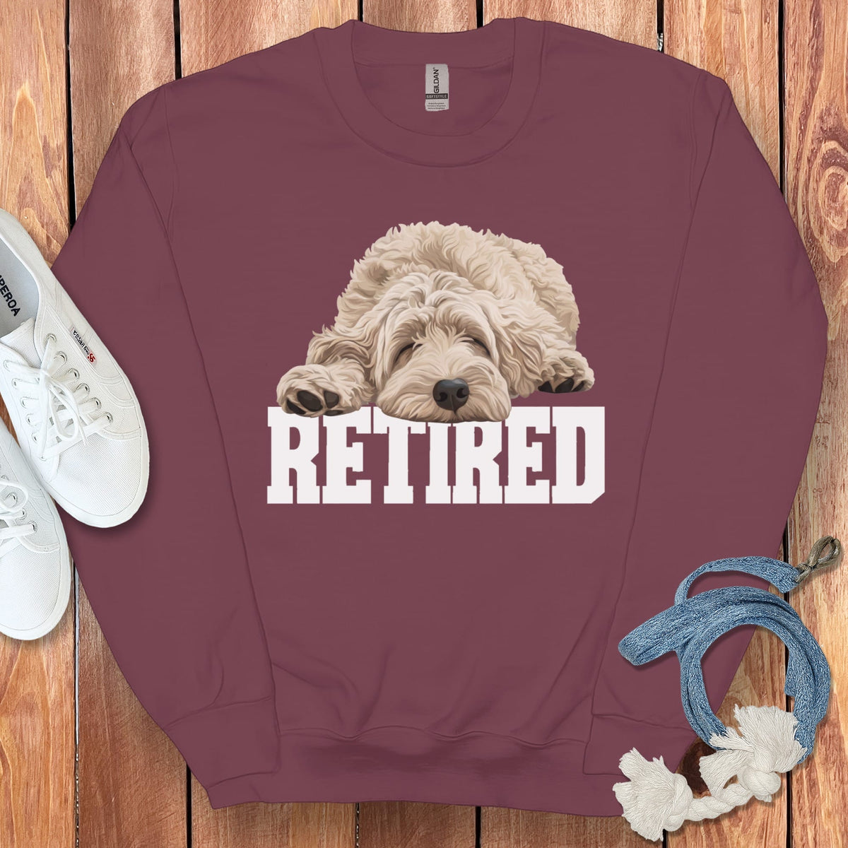 Retired Sleeping Cream Goldendoodle Sweatshirt in Maroon / S by Puppy Jo