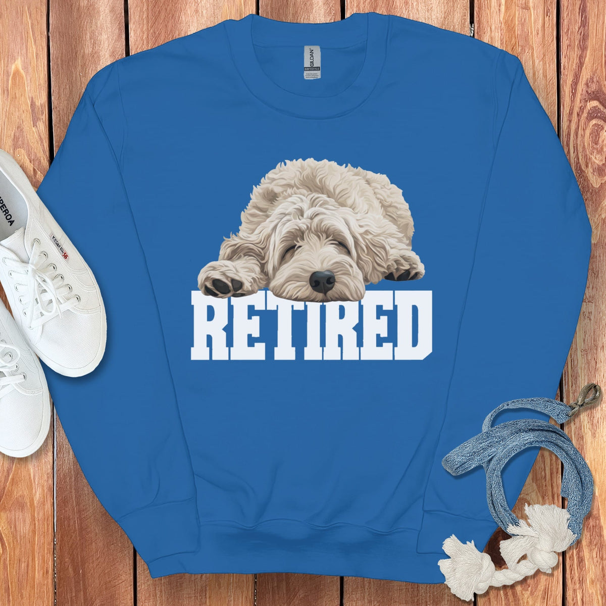 Retired Sleeping Cream Goldendoodle Sweatshirt in Royal / S by Puppy Jo