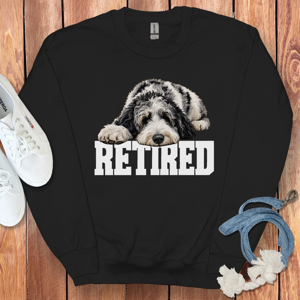 Retired Sleeping Merle Goldendoodle Sweatshirt in Black / S by Puppy Jo