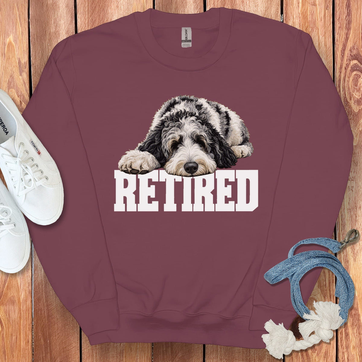 Retired Sleeping Merle Goldendoodle Sweatshirt in Maroon / S by Puppy Jo