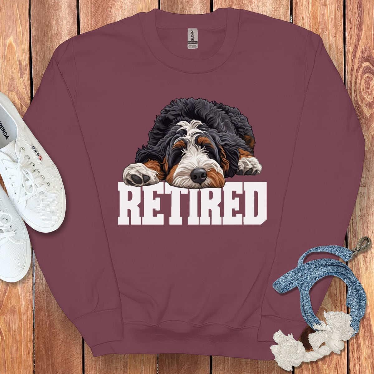 Retired Sleeping Bernedoodle Sweatshirt in Maroon / S by Puppy Jo