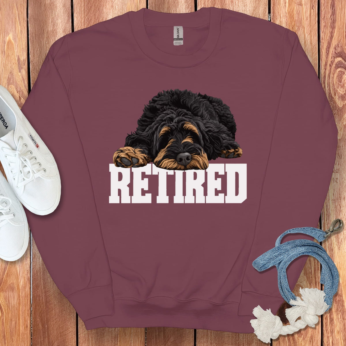 Retired Sleeping Phantom Goldendoodle Sweatshirt in Maroon / S by Puppy Jo
