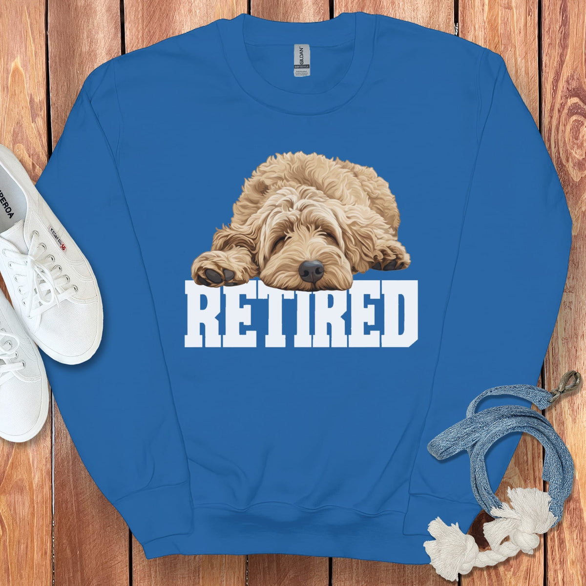 Retired Sleeping Golden Goldendoodle Sweatshirt in Royal / S by Puppy Jo