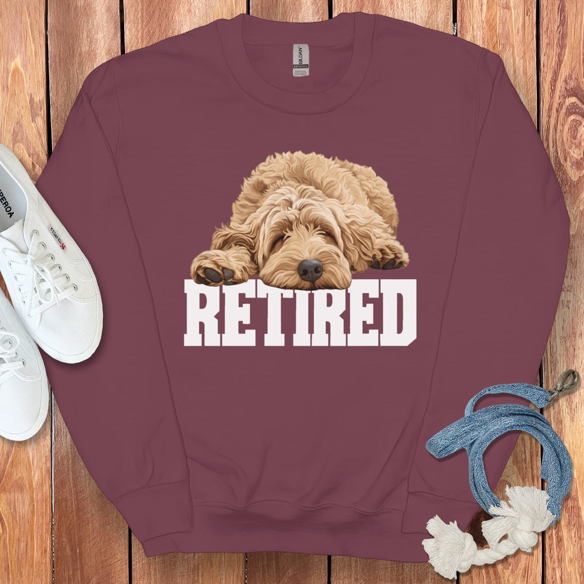 Retired Sleeping Golden Goldendoodle Sweatshirt in Maroon / S by Puppy Jo