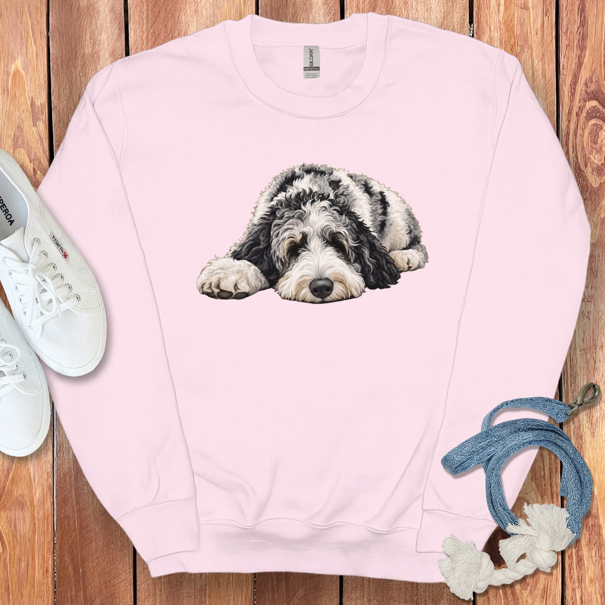 Merle Goldendoodle Snoozing Sweatshirt in Light Pink / S by Puppy Jo