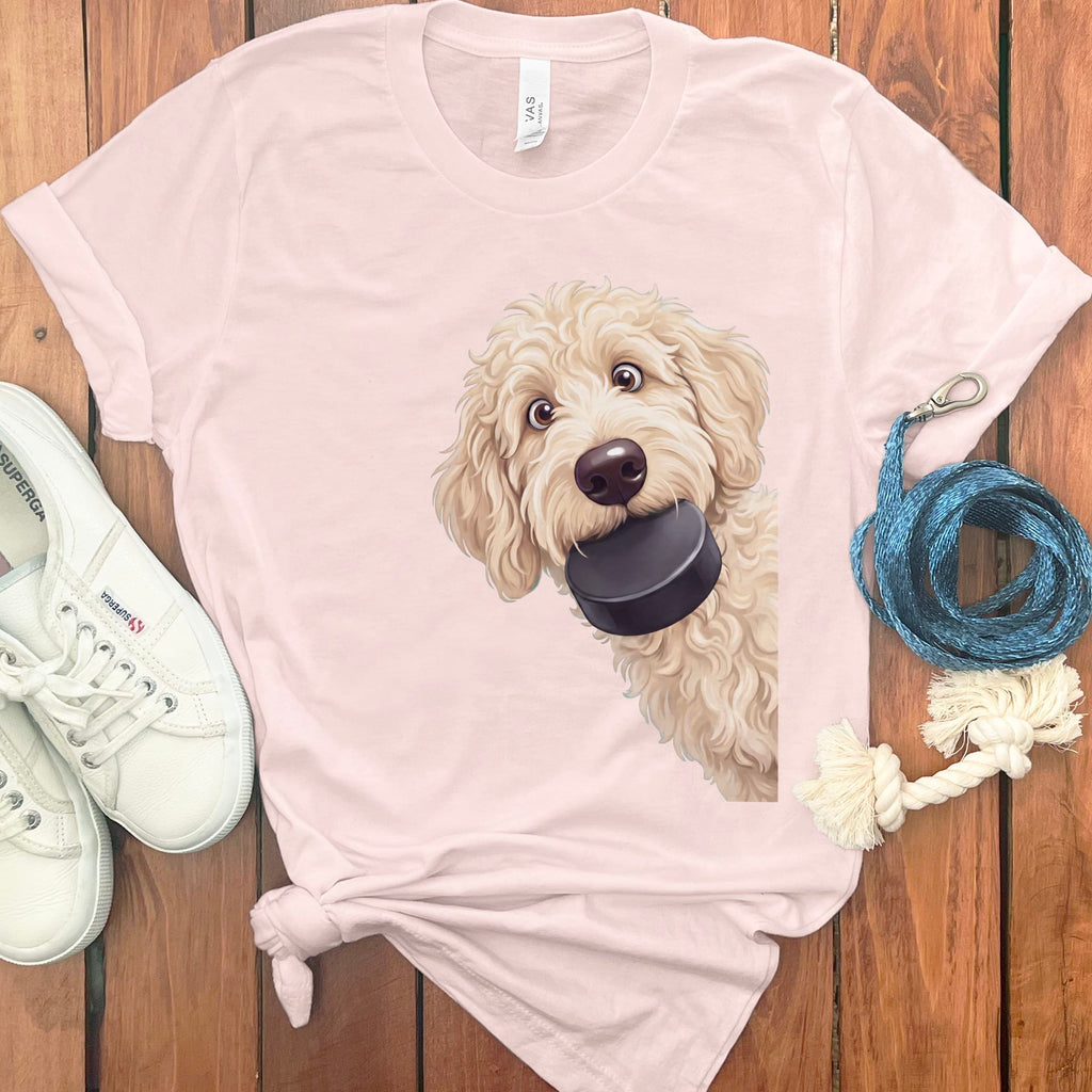 Cream Goldendoodle Hockey Puck T-Shirt in Soft Pink / S by Puppy Jo
