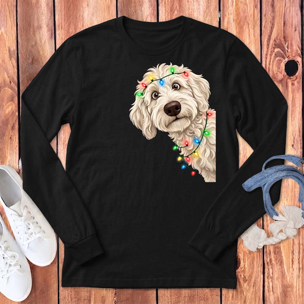 Black long-sleeve shirt with a white doodle dog wearing colorful Christmas lights.