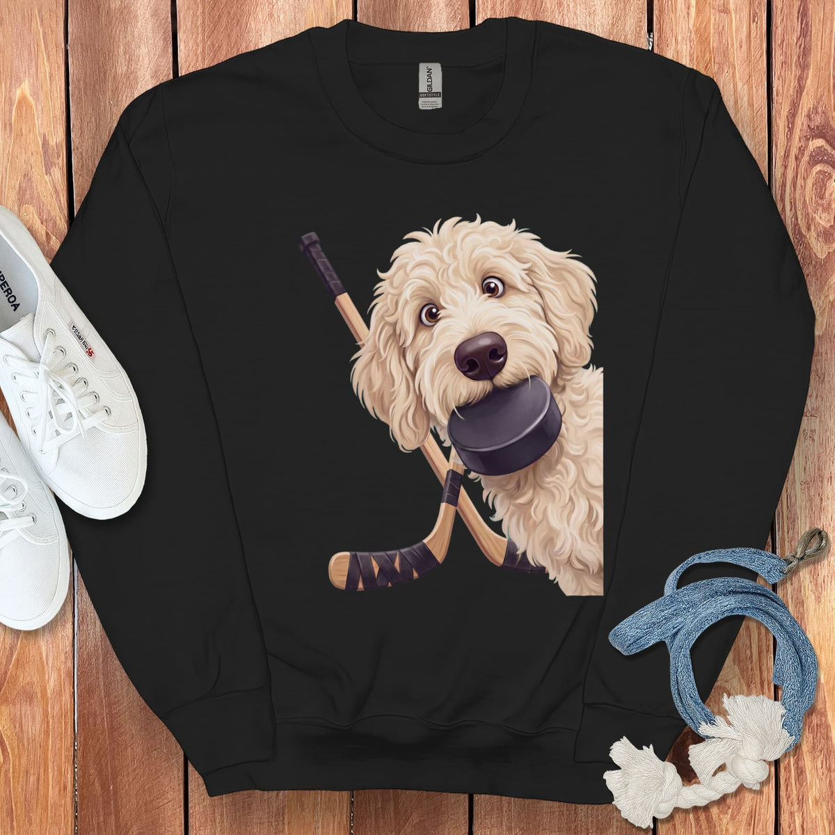 Cream Goldendoodle Hockey Sweatshirt in Black / S by Puppy Jo