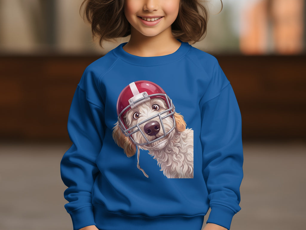 Blue sweatshirt with a graphic of a dog wearing a red football helmet.
