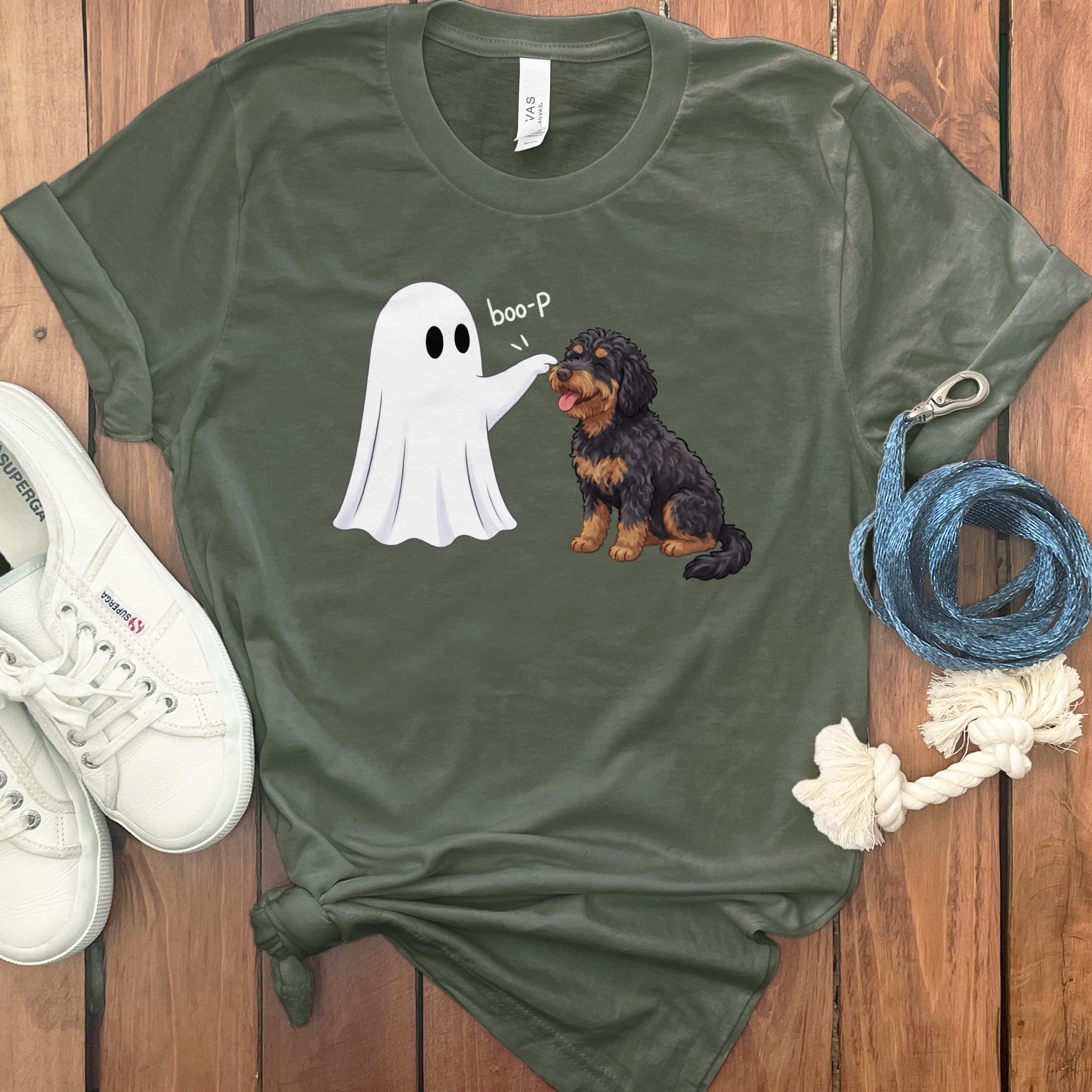 Phantom Goldendoodle Ghost Boop T-Shirt in M / Military Green by Puppy Jo