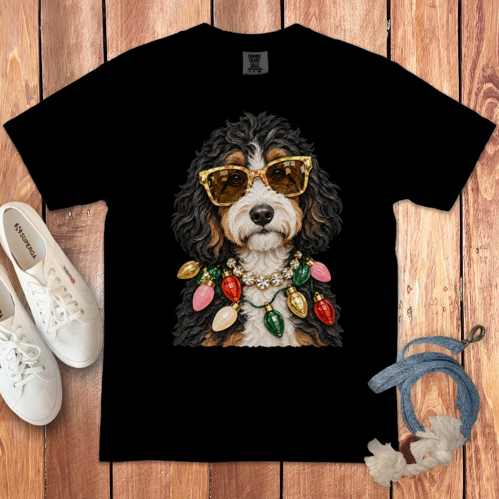 Black t-shirt with a dog wearing sunglasses and a Christmas light necklace.