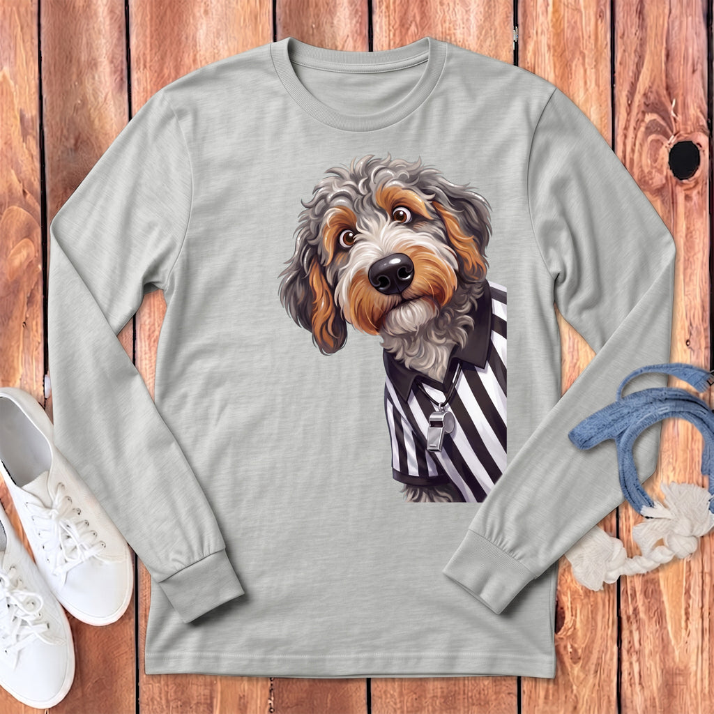 Light grey long-sleeve t-shirt featuring a cartoon dog in a referee uniform with a whistle.