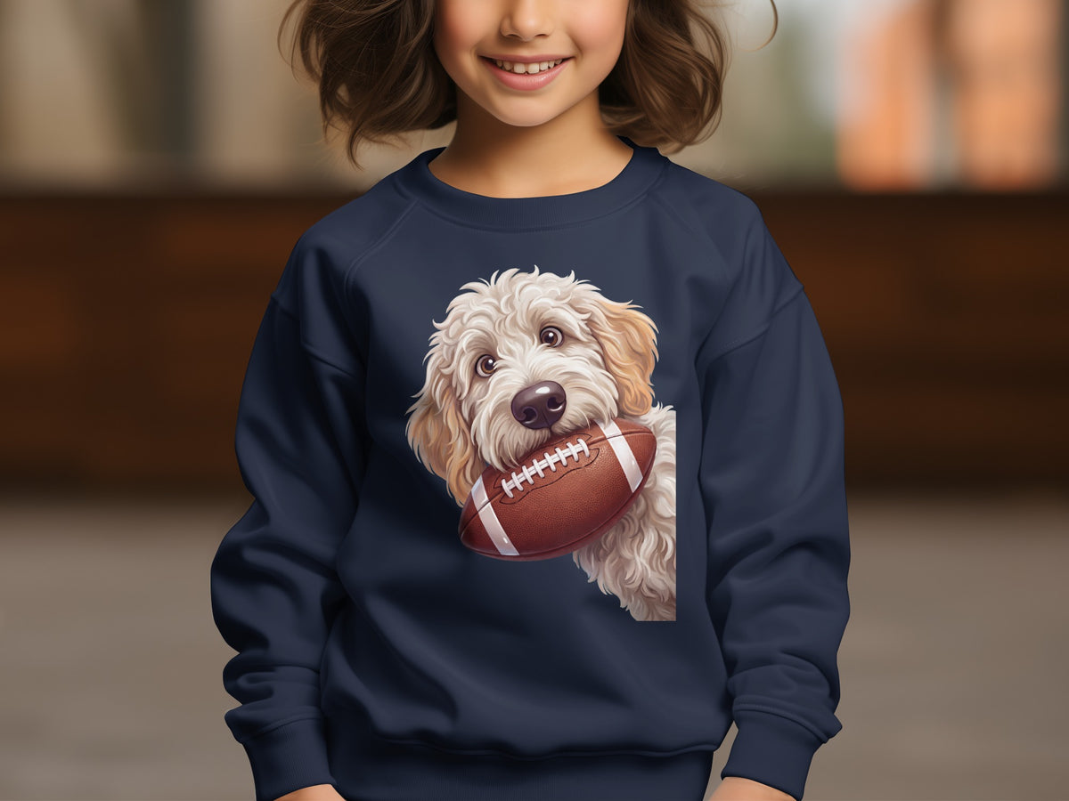 Navy sweatshirt with a fluffy dog holding a football graphic.
