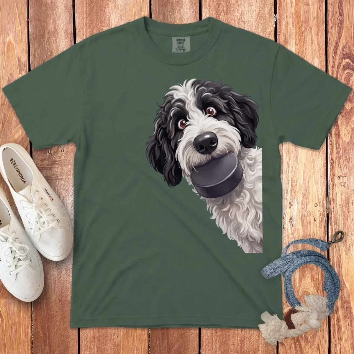 Sheepadoodle Hockey Puck Signature T-Shirt in Blue Spruce / S by Puppy Jo