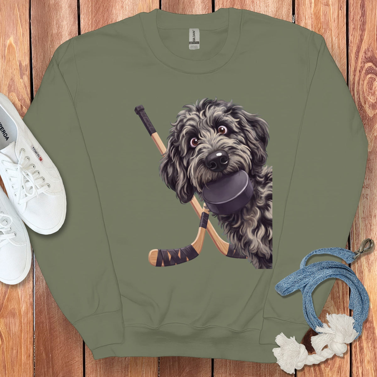 Merle Goldendoodle Hockey Sweatshirt in Military Green / S by Puppy Jo