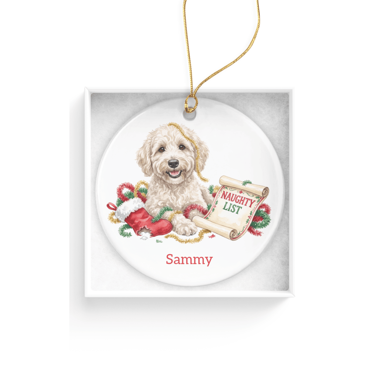 Naughty List Cream Goldendoodle Ornament in by AnywherePOD